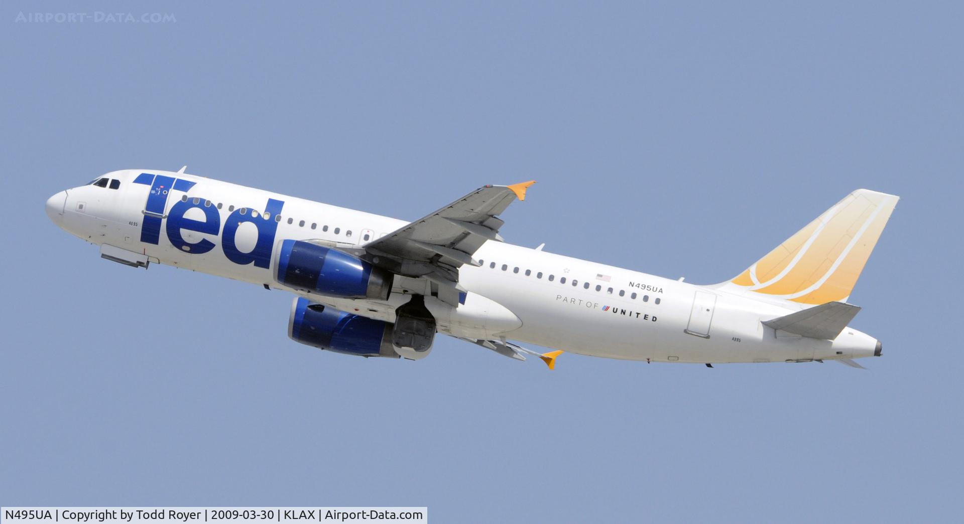 N495UA, 2002 Airbus A320-232 C/N 1842, Departing LAX on 25R