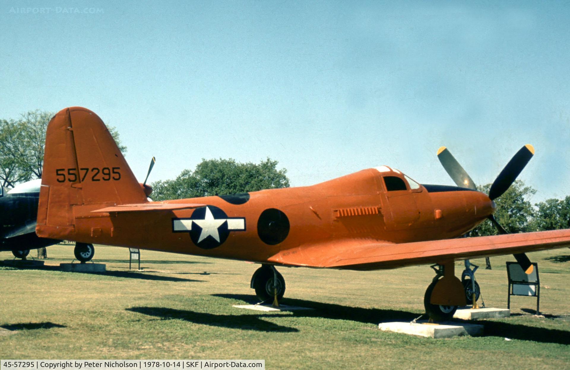 45-57295, 1945 Bell QF-63G Kingcobra C/N Not found 45-57295, Anotherview of the Kingcobra in the USAF History & Traditions Museum in 1978.