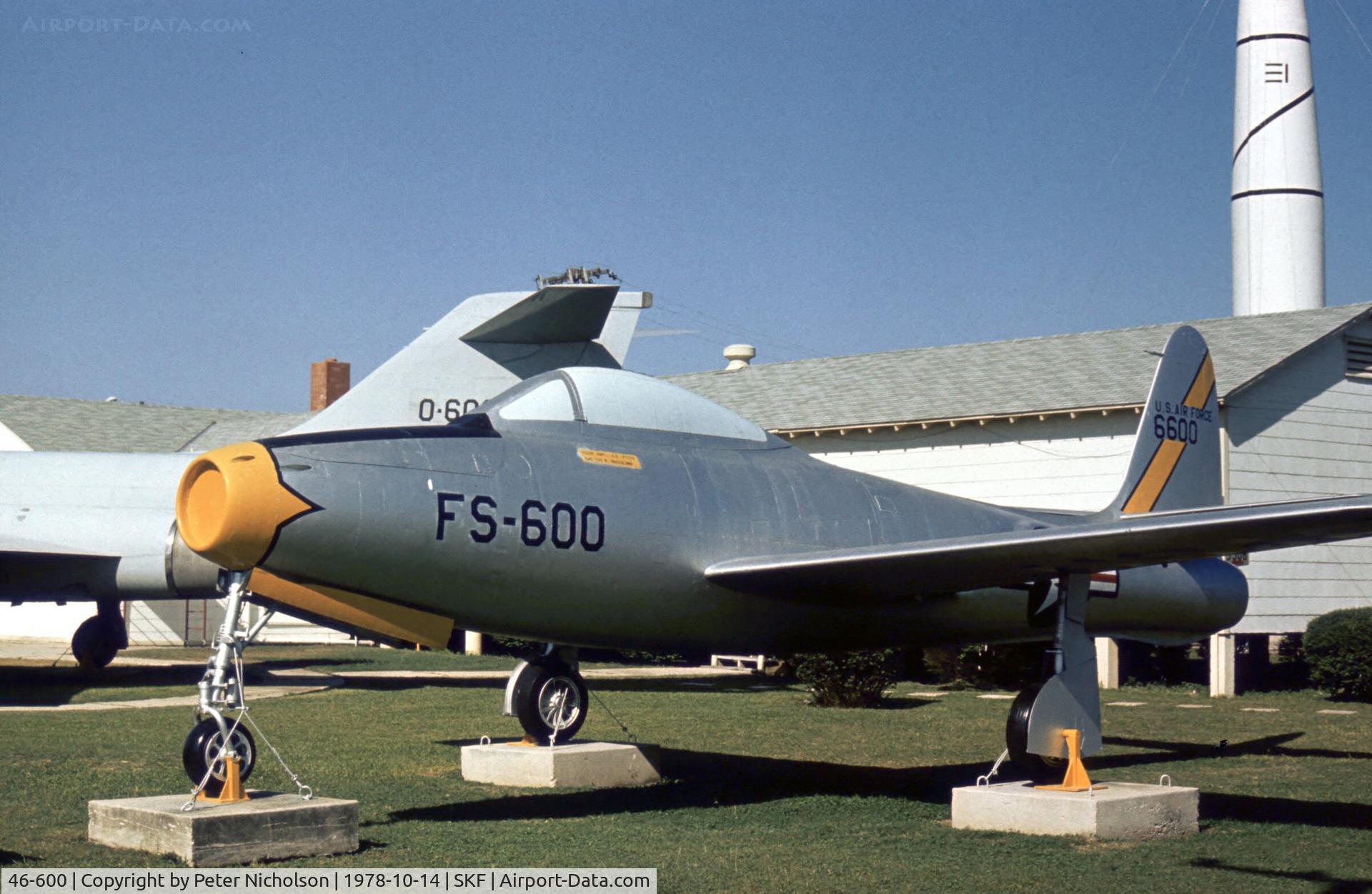 46-600, 1946 Republic F-84B Thunderjet C/N Not found 46-600, F-84B Thunderjet in the USAF History & Traditions Museum at Lackland AFB in 1978.