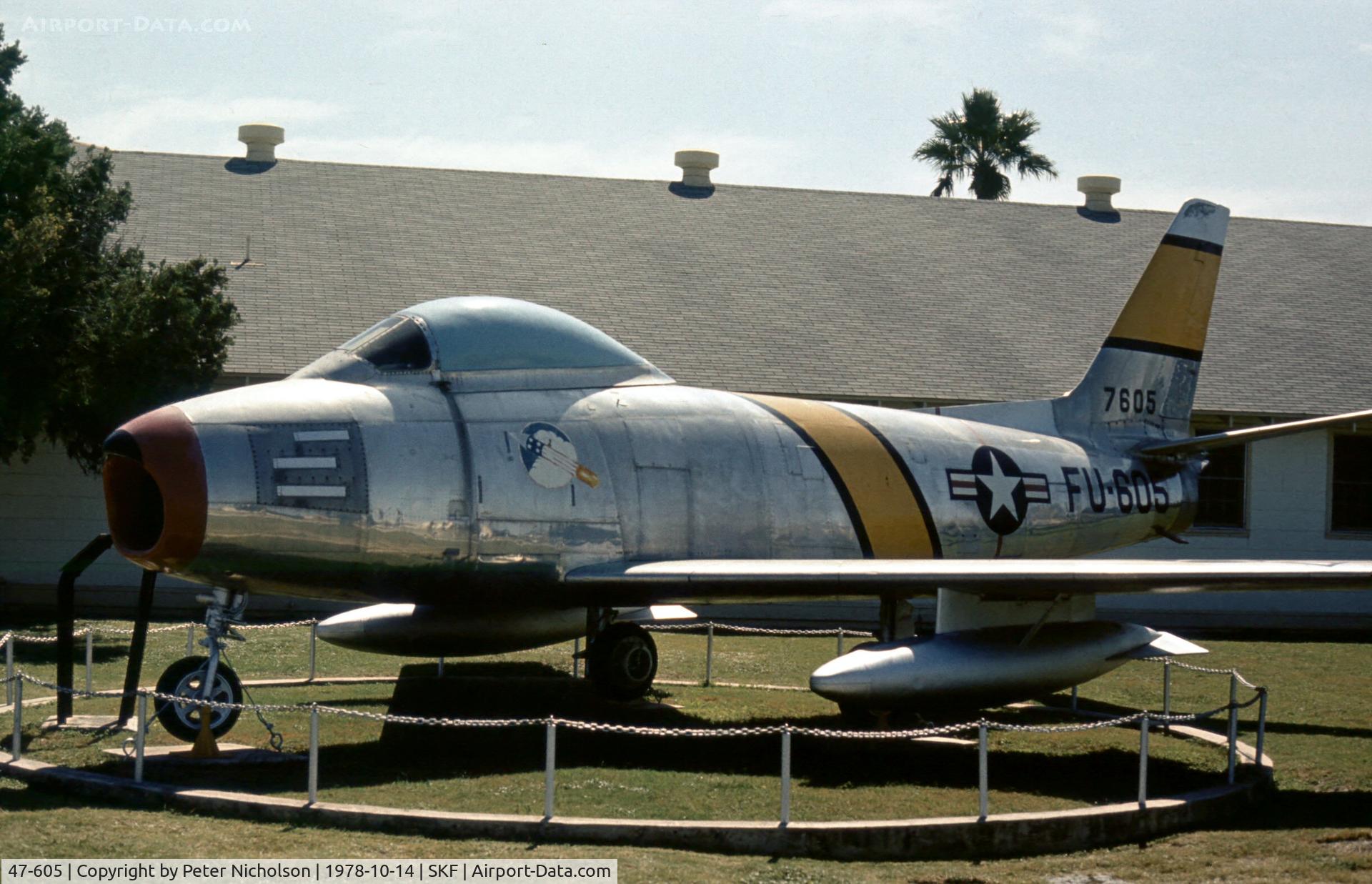 47-605, 1947 North American F-86A Sabre C/N 151-38432, Another view of Lackland's F-86A Sabre in 1978.