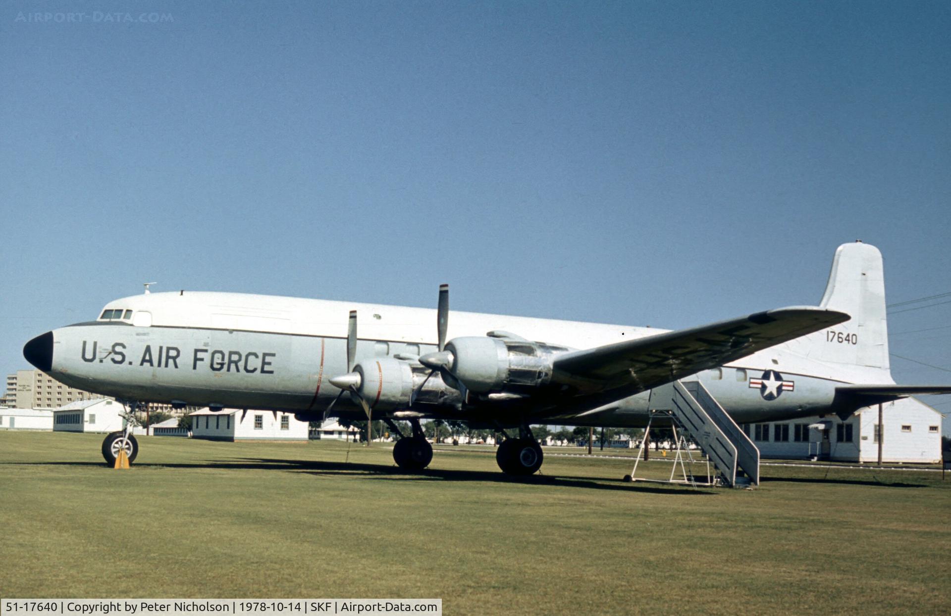 51-17640, 1952 Douglas VC-118B Liftmaster (R6D-1) C/N 43692, This C-118A Liftmaster was in the USAF History & Traditions Museum at Lackland AFB in 1978.