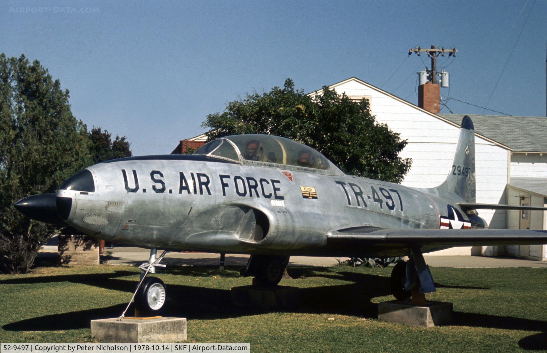 52-9497, 1952 Lockheed T-33A Shooting Star C/N 580-7632, Now at Dover AFB, in 1978 this Shooting Star was in the USAF History & Traditions Museum at Lackland AFB.