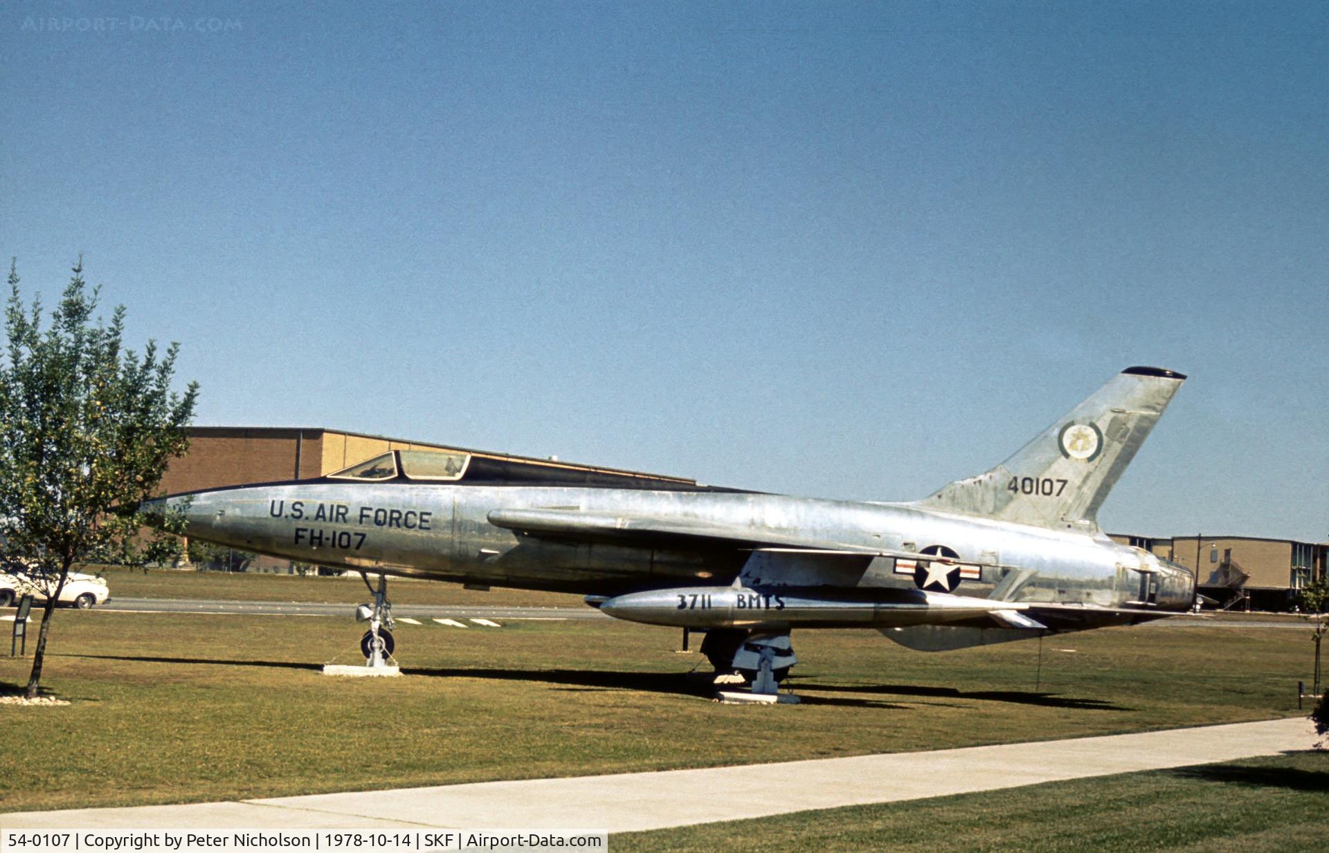 54-0107, 1954 Republic F-105B-5-RE Thunderchief C/N B.10, Another view of the Thunderchief at Lackland AFB in 1978.
