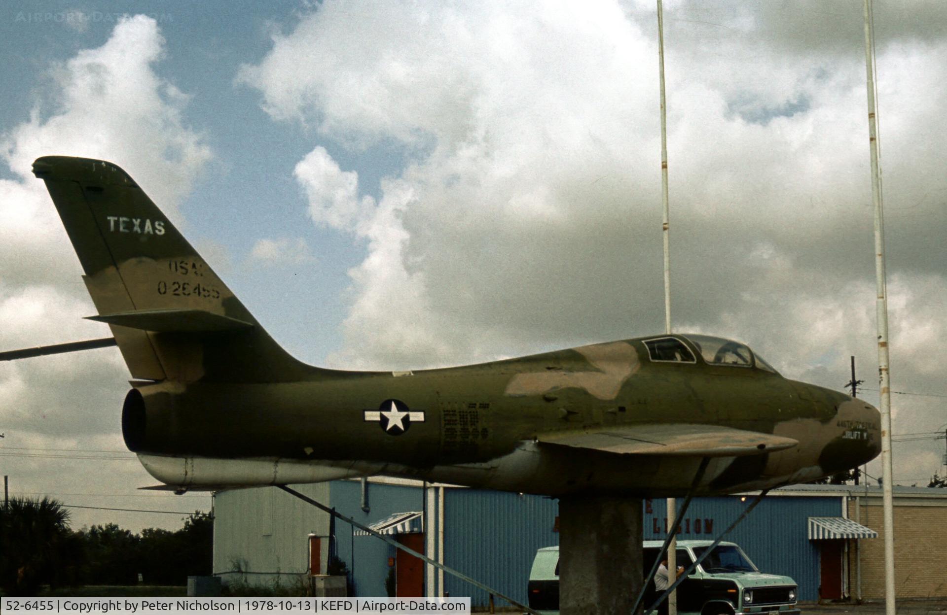 52-6455, 1952 Republic F-84F Thunderstreak C/N Not found 52-6455, F-84F Thunderstreak at the American Legion Post opposite what was then Ellington AFB in 1978. It has since been repainted in different colours.