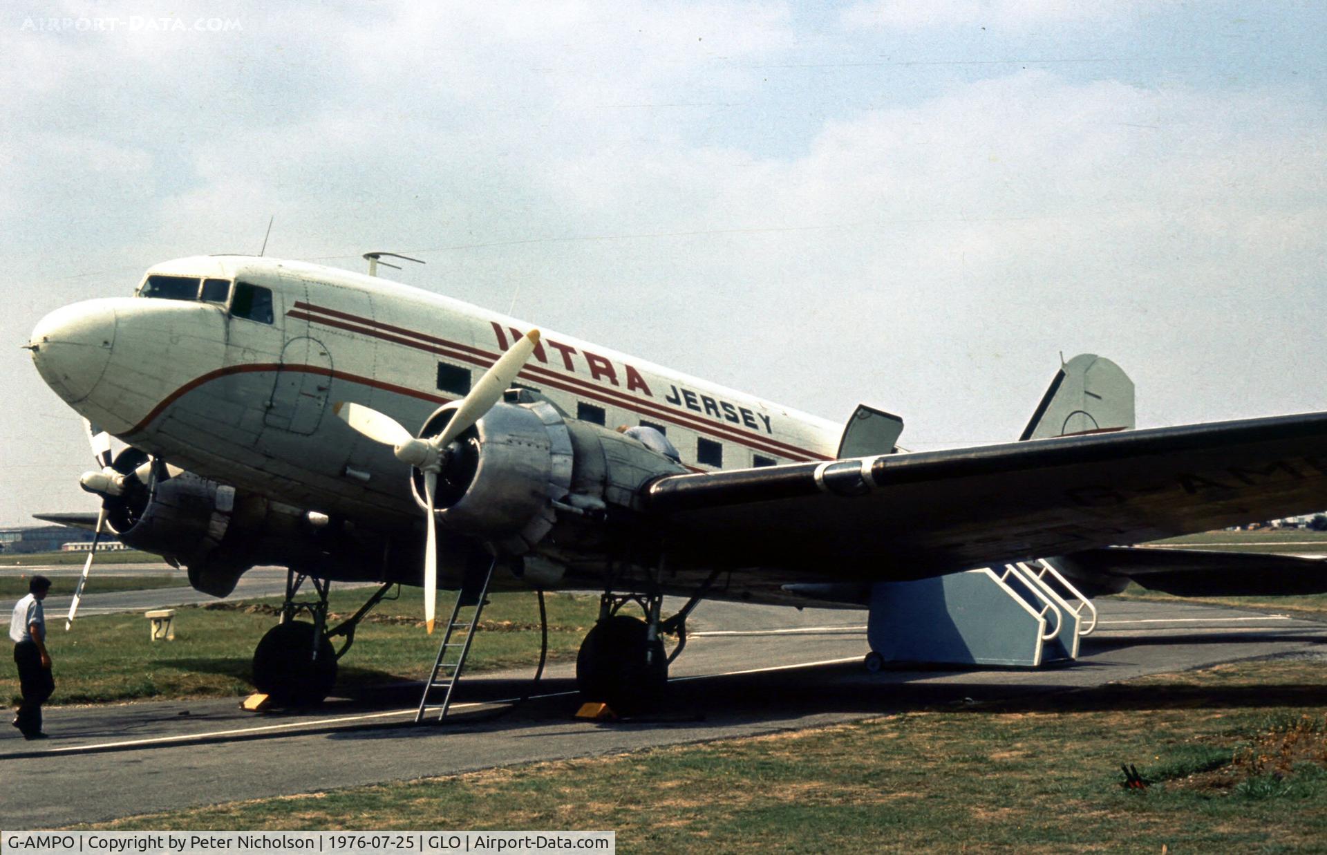 G-AMPO, 1944 Douglas DC-3C-R-1830-90C (C-47B) C/N 33186, In 1976 this Dakota 4 was operated by Intra Airways Ltd as seen at Staverton in the Summer of 1976.