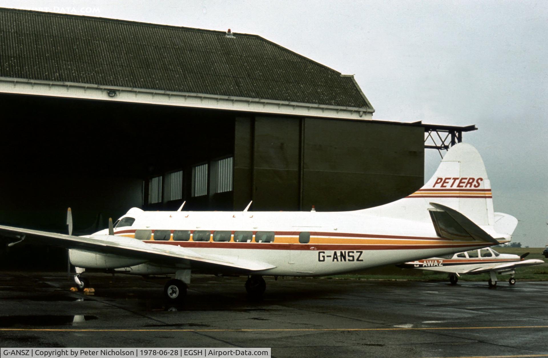 G-ANSZ, 1954 De Havilland DH-114 Heron 1B C/N 14047, In 1978 this was one of four Herons operated by Peters Aviation on general charter services at Norwich Airport.