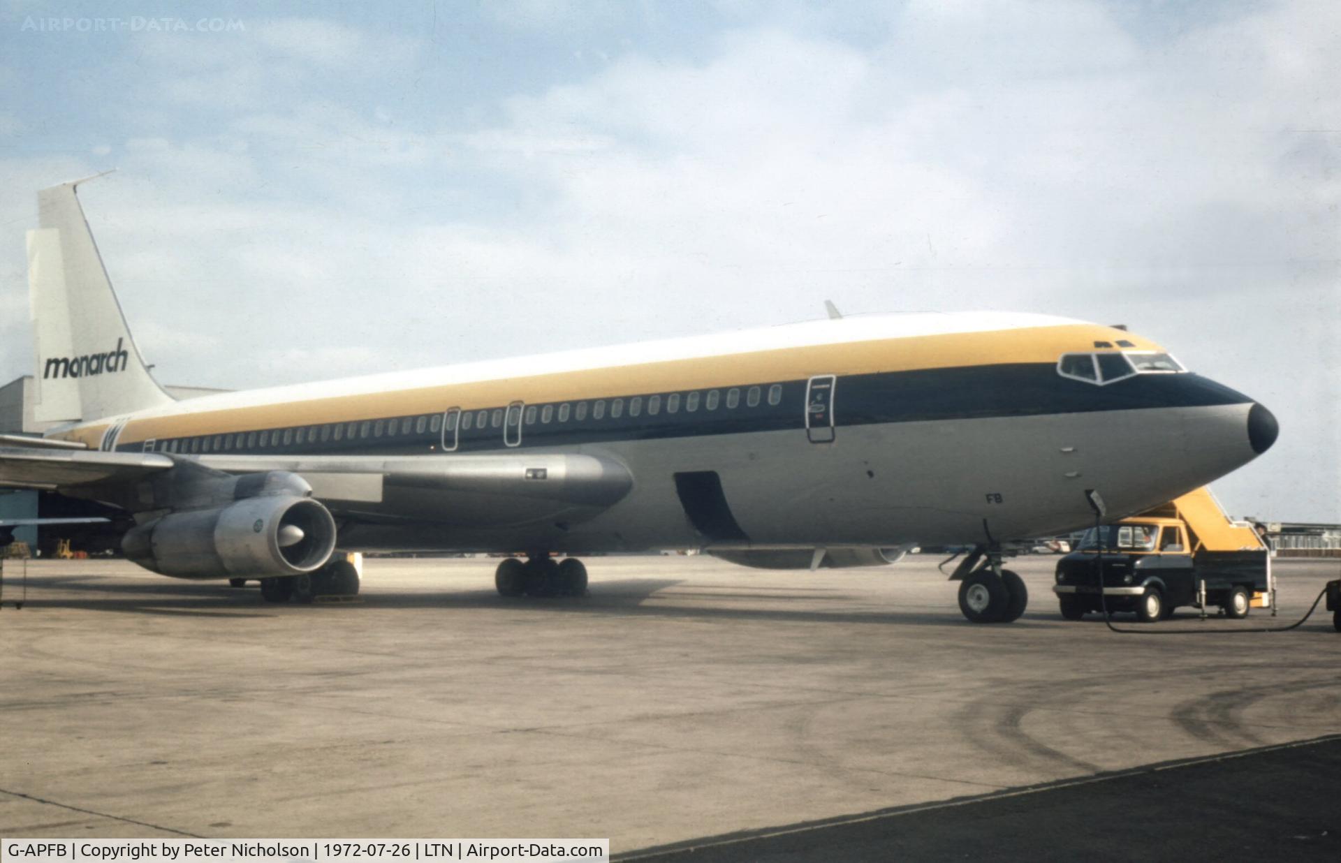 G-APFB, 1960 Boeing 707-436 C/N 17703, In 1972 this Boeing 707 was operated by Monarch Airlines as seen at Luton in the Summer of 1972.