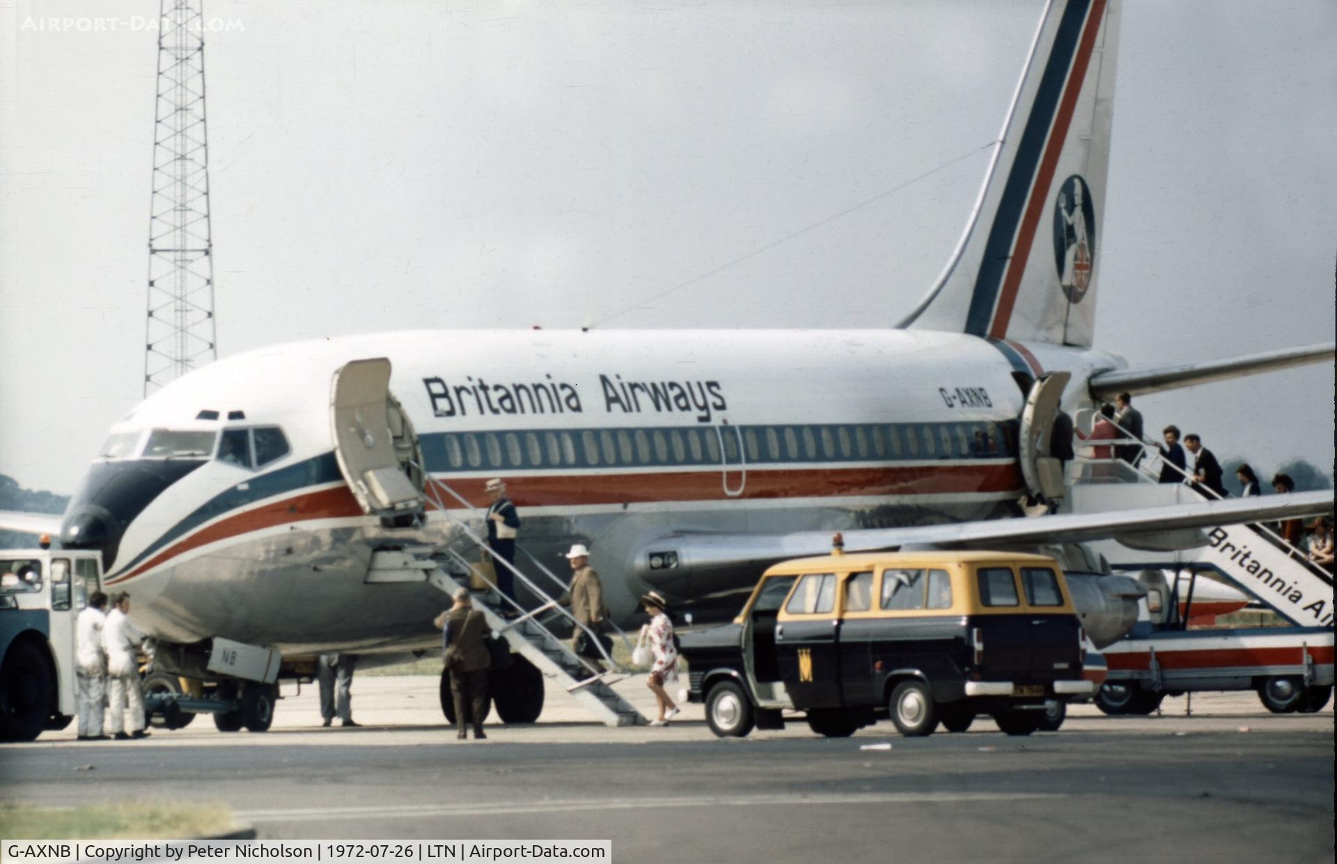 G-AXNB, 1970 Boeing 737-204C C/N 20389, Boeing 737 of Britannia Airways as seen at Luton Airport in the Summer of 1972.