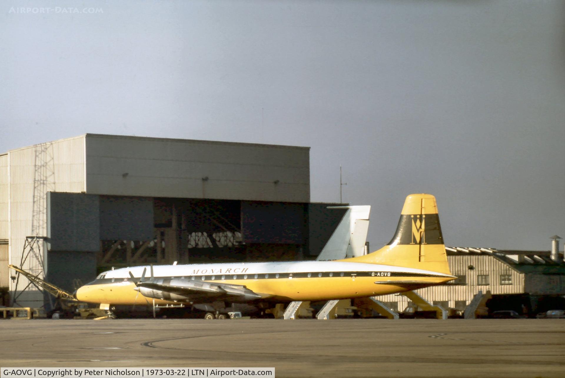 G-AOVG, Bristol 175 Britannia 312 C/N 13238, Britannia 312 of Monarch Airlines seen at Luton in the Spring of 1973.