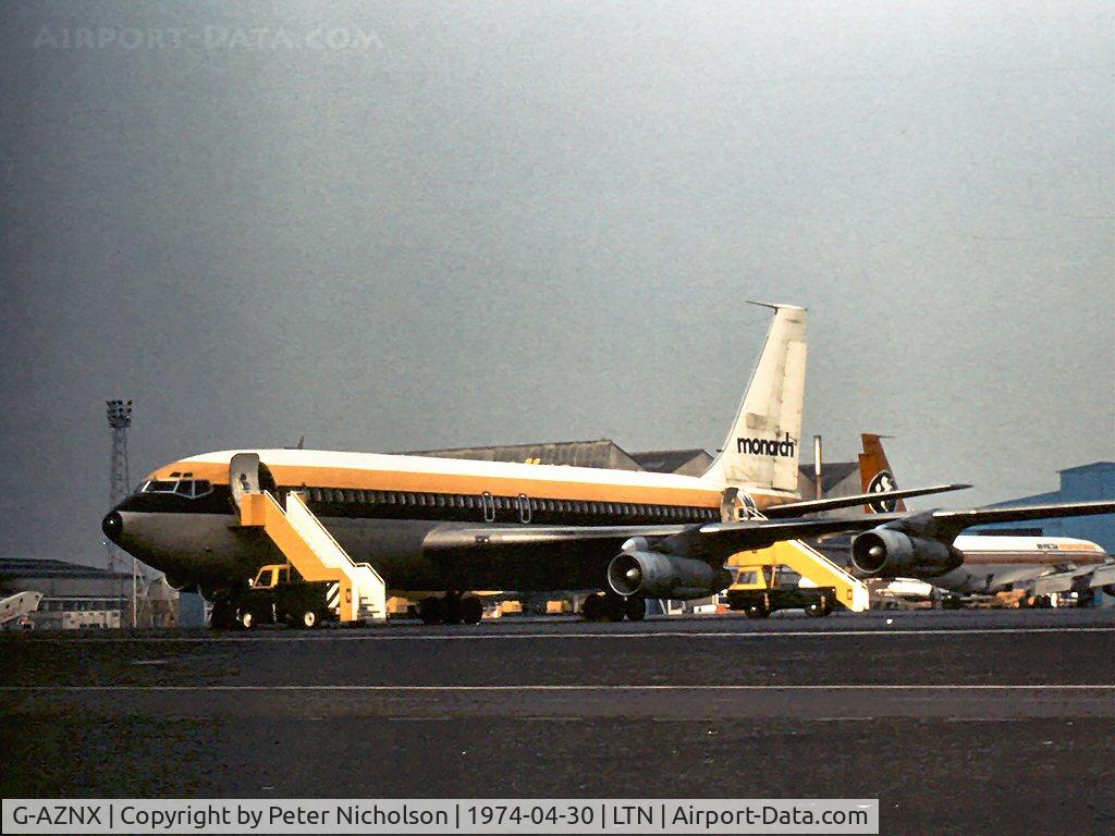 G-AZNX, 1961 Boeing 720-051B C/N 18383, Boeing 720 of Monarch Airlines seen at Luton in the Spring of 1974.