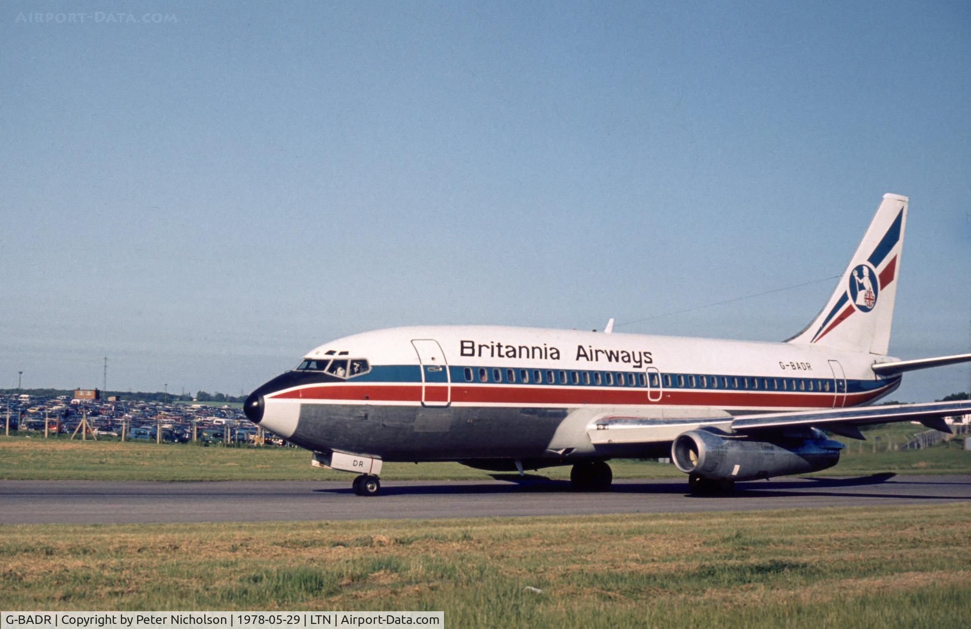 G-BADR, 1973 Boeing 737-204 C/N 20633, Boeing 737 of Britannia Airways taxying for departure from Luton in May 1978.