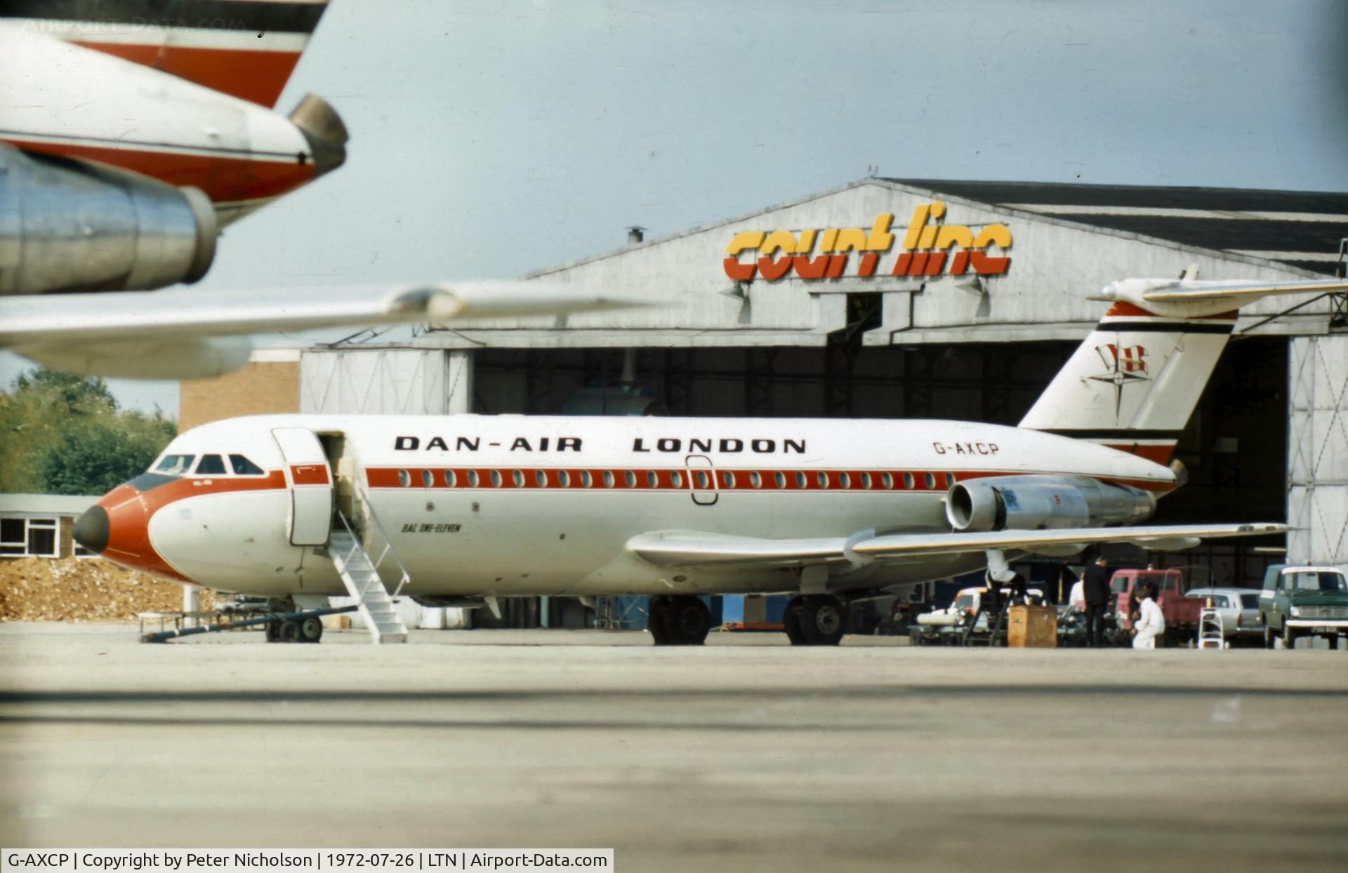 G-AXCP, 1966 BAC 111-401AK One-Eleven C/N BAC.087, One Eleven of Dan-Air at Luton in the Summer of 1972.