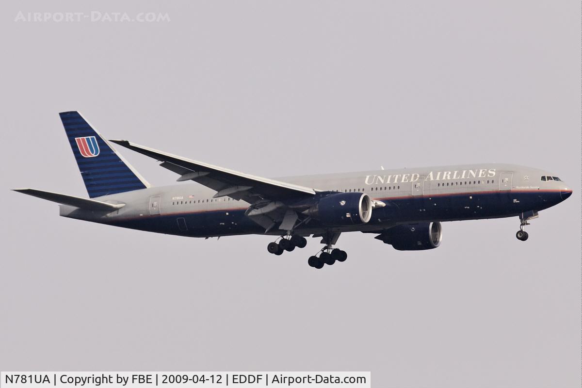 N781UA, 1996 Boeing 777-222 C/N 26945, final approach at EDDF