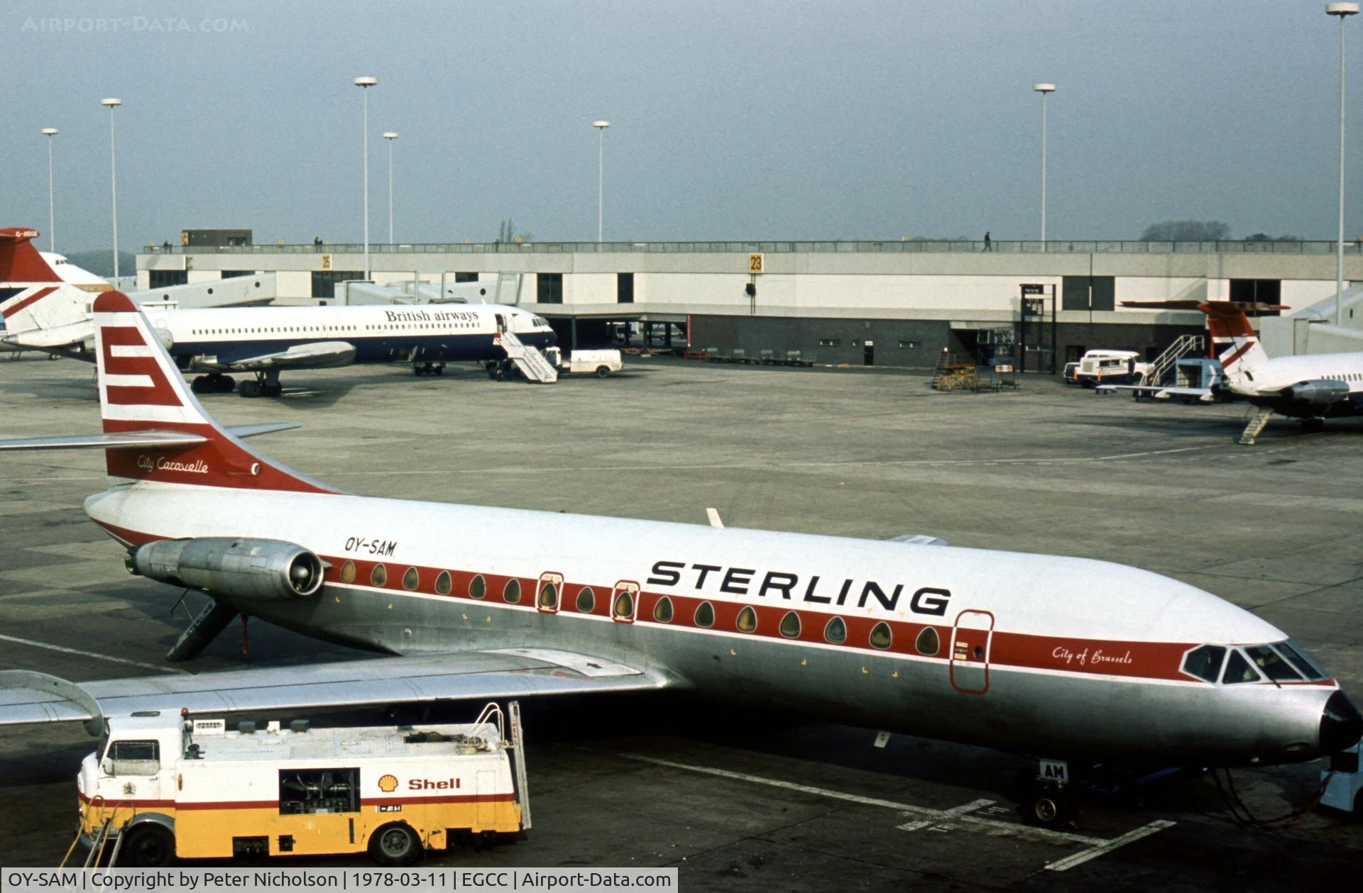 OY-SAM, 1961 Sud Aviation SE-210 Caravelle VI-R C/N 95, Caravelle VI.R of Sterling Airways at Manchester in the Spring of 1978.