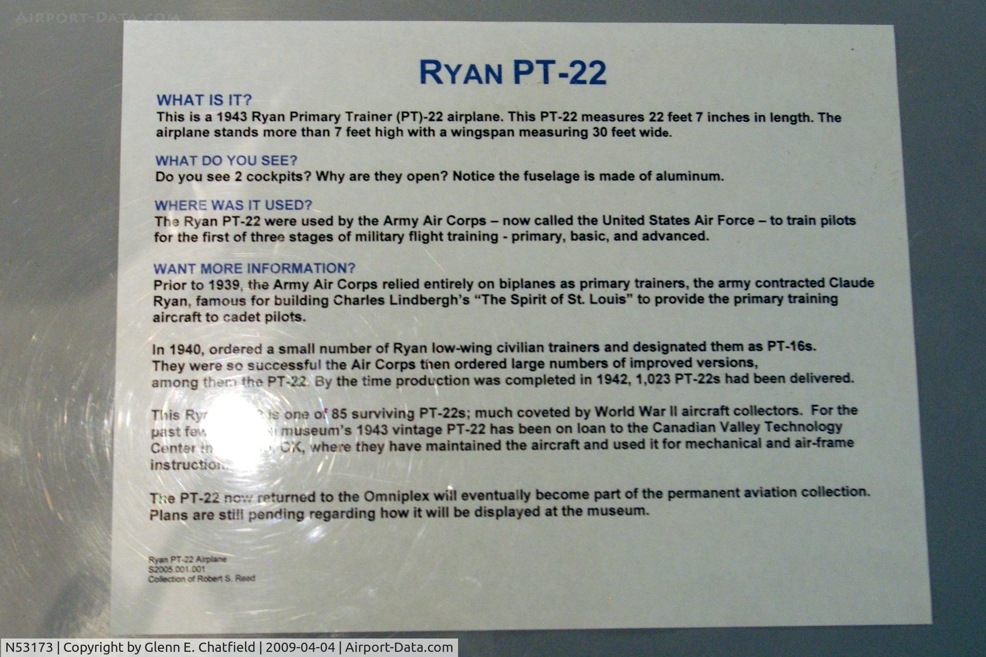 N53173, 1942 Ryan Aeronautical ST3KR C/N 2149, PT-22 41-20940 at the Science Museum of Oklahoma in Oklahoma City
