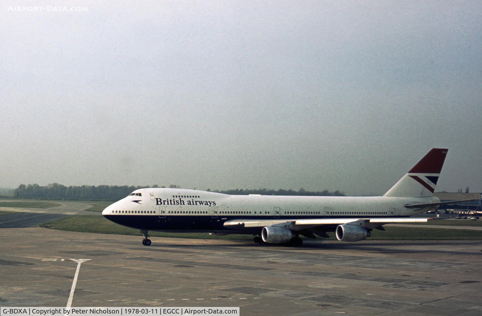 G-BDXA, 1977 Boeing 747-236B C/N 21238, British Airways flight departing Manchester in the Spring of 1978.
