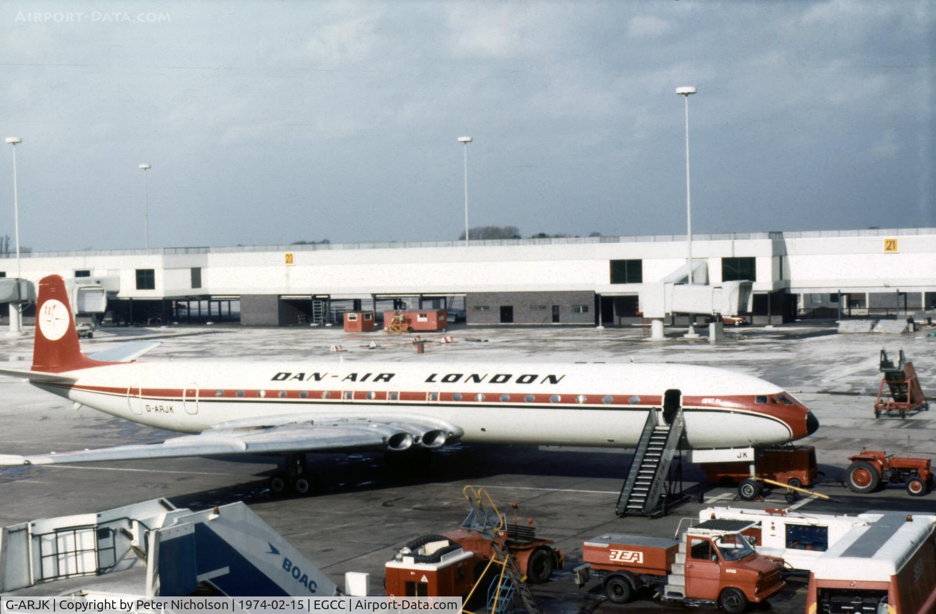 G-ARJK, 1961 De Havilland DH.106 Comet 4B C/N 6452, Comet 4B of Dan-Air at Manchester in February 1974.