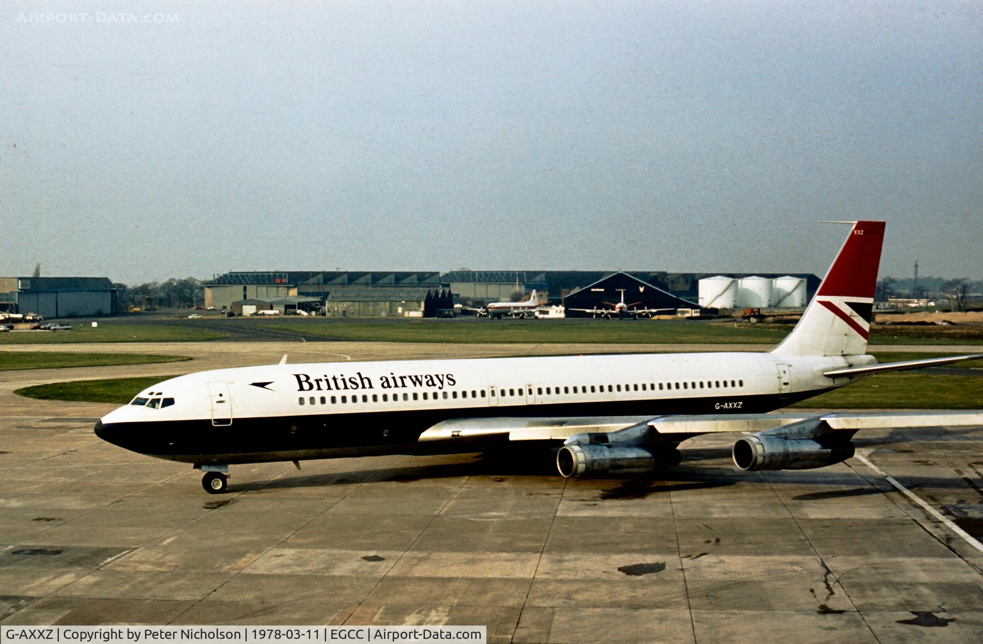 G-AXXZ, 1970 Boeing 707-336B C/N 20457, Boeing 707-336B of British Airways at Manchester in the Spring of 1978.