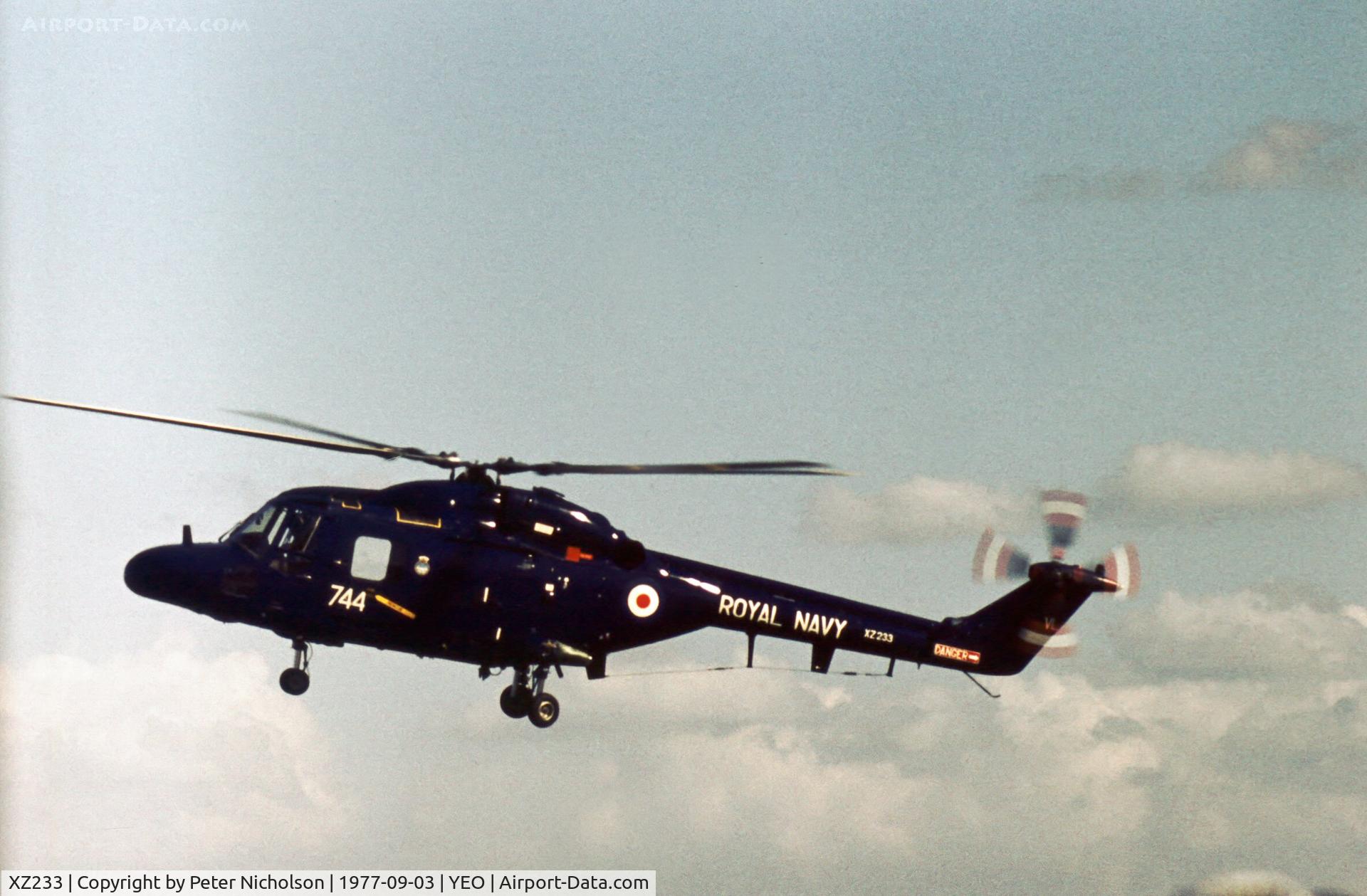 XZ233, 1977 Westland Lynx HAS.2 C/N 010, Lynx HAS.2 of 700L Squadron in action at the 1977 RNAS Yeovilton Air Day.