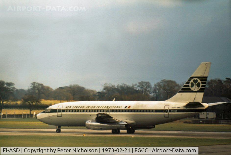 EI-ASD, 1969 Boeing 737-248C C/N 20219, Boeing 737-248C of Aer Lingus taxying for departure at Manchester in February 1973.