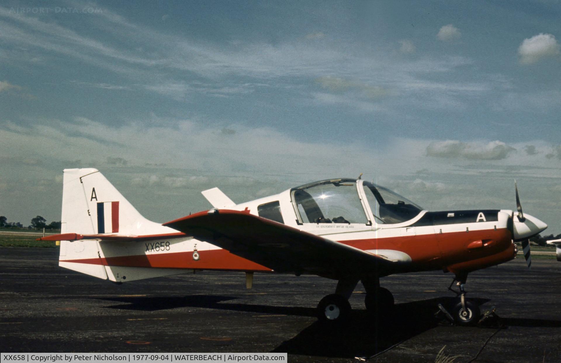 XX658, 1974 Scottish Aviation Bulldog T.1 C/N BH120/316, Bulldog T.1 of Cambridge University Air Squadron on display at the 1977 RAF Waterbeach Open Day.