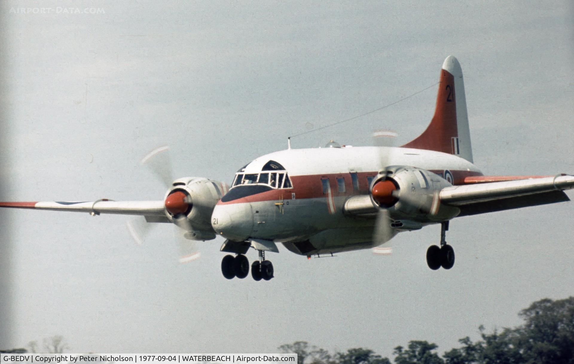 G-BEDV, 1953 Vickers Varsity T.1 C/N 619, Varsity T.1 in colours of 6 Flying Training School landing for display at the 1977 RAF Waterbeach Open Day.