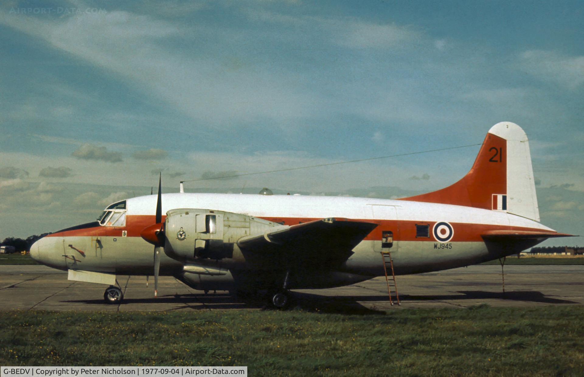 G-BEDV, 1953 Vickers Varsity T.1 C/N 619, Clearly showing the military serial when operated by 6 Flying Training School, this Varsity T.1 was on the civil register and now displayed at the Imperial War Museum at Duxford.