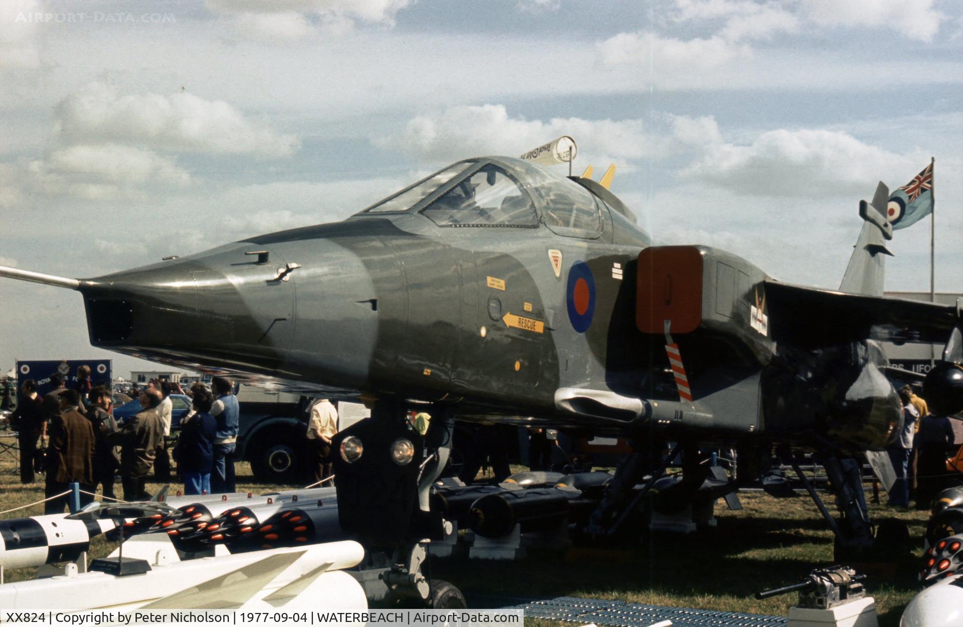 XX824, 1975 Sepecat Jaguar GR.1 C/N S.73, This is a replica aircraft used by the RAF Exhibition Flight for display & recruitment purposes and was seen at the 1977 RAF Waterbeach Open Day.
