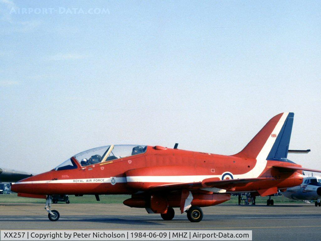 XX257, 1979 Hawker Siddeley Hawk T.1 C/N 093/312093, Red Arrows Hawk T.1 taxying back after display at the 1984 RAF Mildenhall Air Fete.