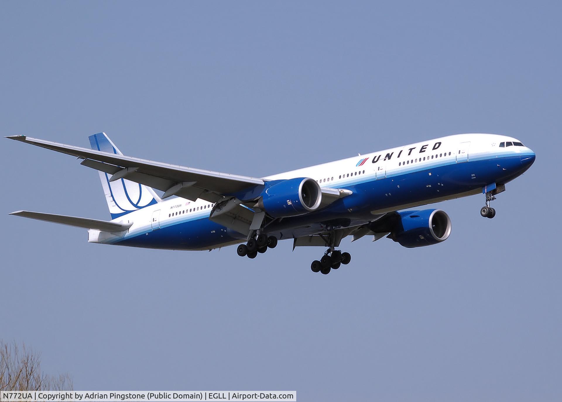 N772UA, 1995 Boeing 777-222 C/N 26930, United Airlines Boeing 777-200 (registration N772UA) landing at London Heathrow Airport, England. Photographed by Adrian Pingstone in April 2007 and released to the public domain.