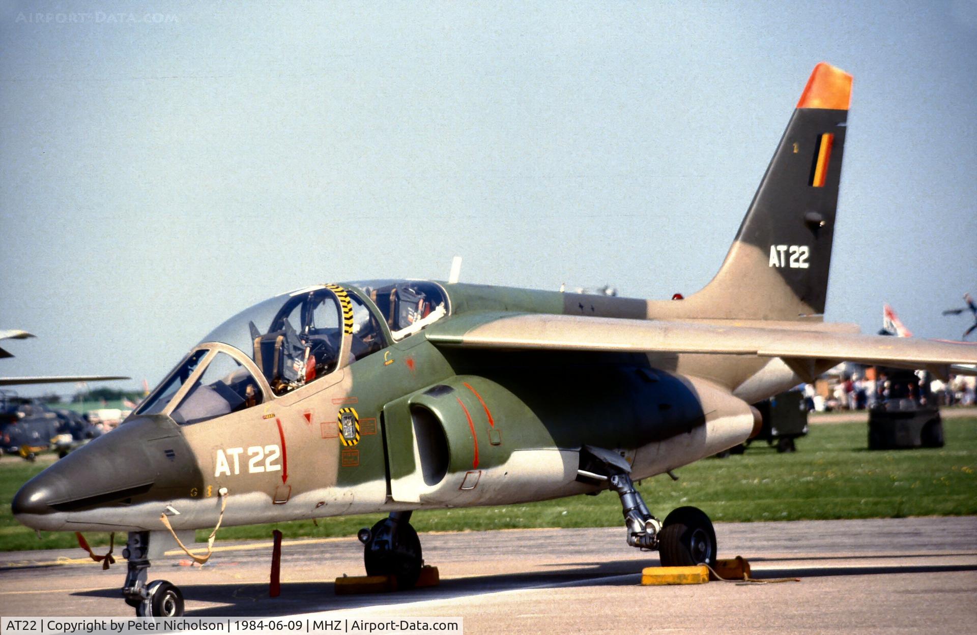 AT22, Dassault-Dornier Alpha Jet 1B C/N B22/1091, Belgian Air Force Alpha Jet at the 1984 RAF Mildenhall Air Fete.
