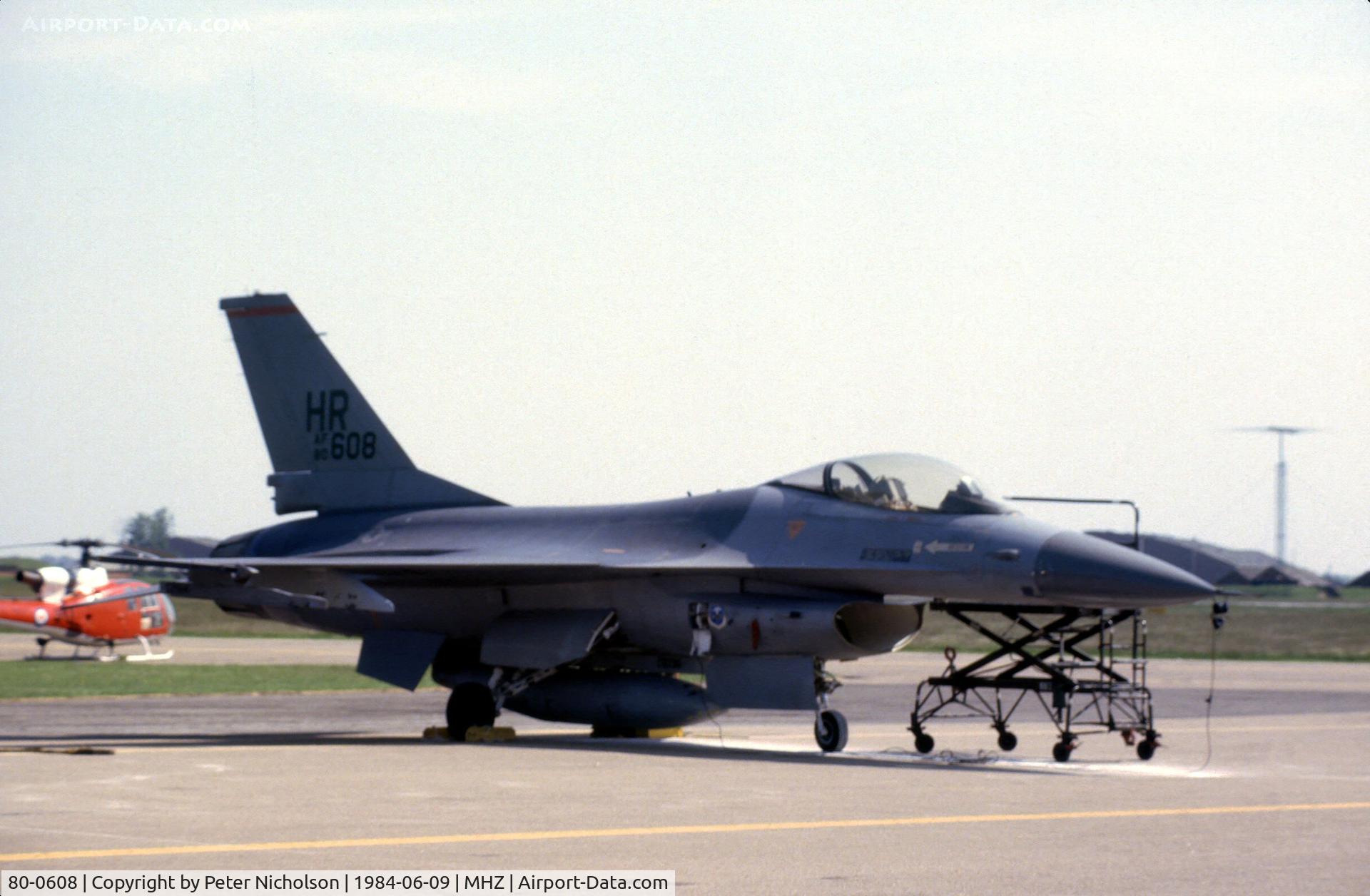 80-0608, 1980 General Dynamics F-16A Fighting Falcon C/N 61-329, F-16A Falcon of 496 Tactical Fighter Squadron/56 Tactical Fighter Wing at the 1984 RAF Mildenhall Air Fete.