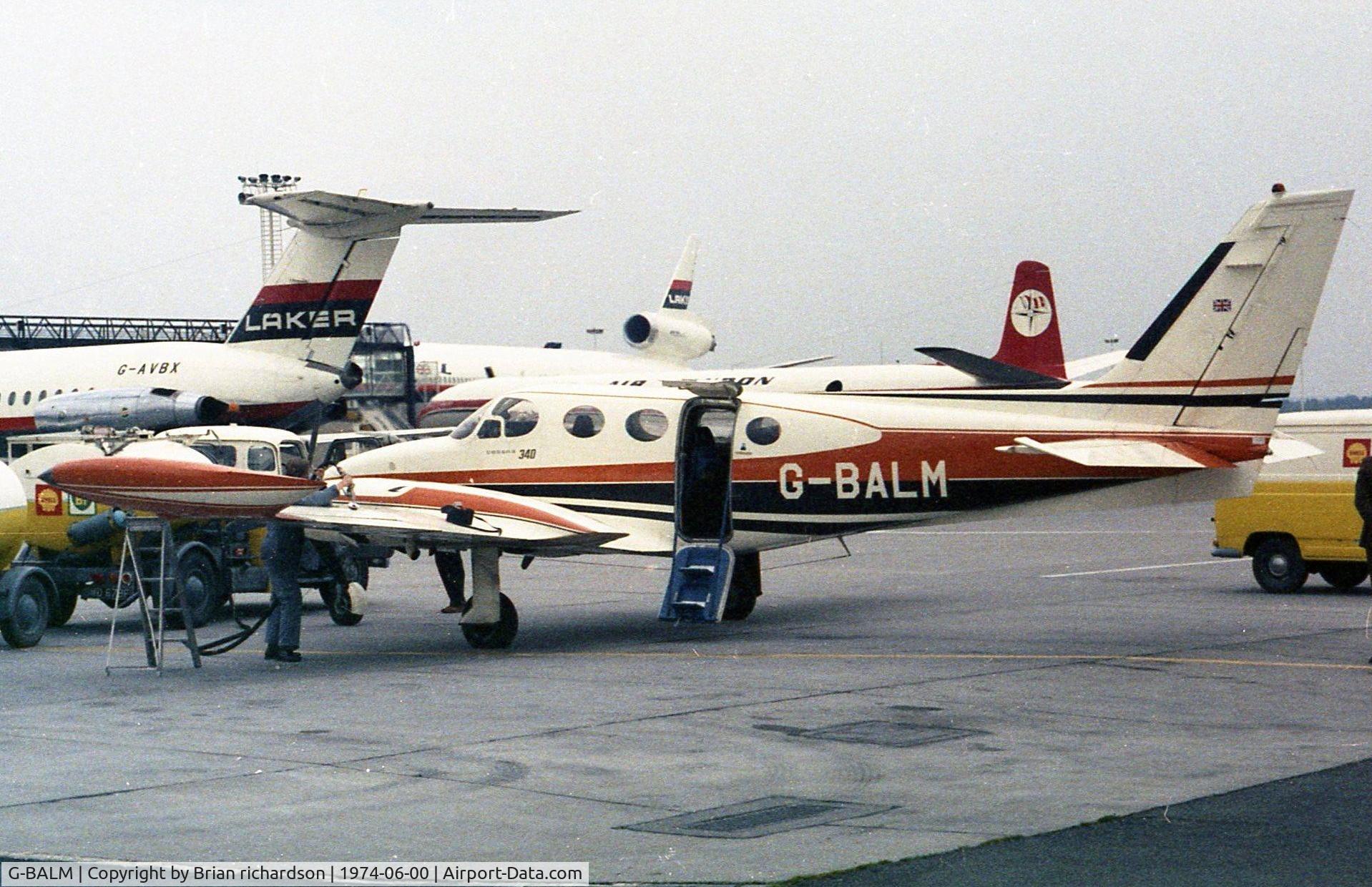 G-BALM, 1972 Cessna 340 C/N 340-0106, At Gatwick. Going to I.O.M for TT races.Pilot Barry Hose