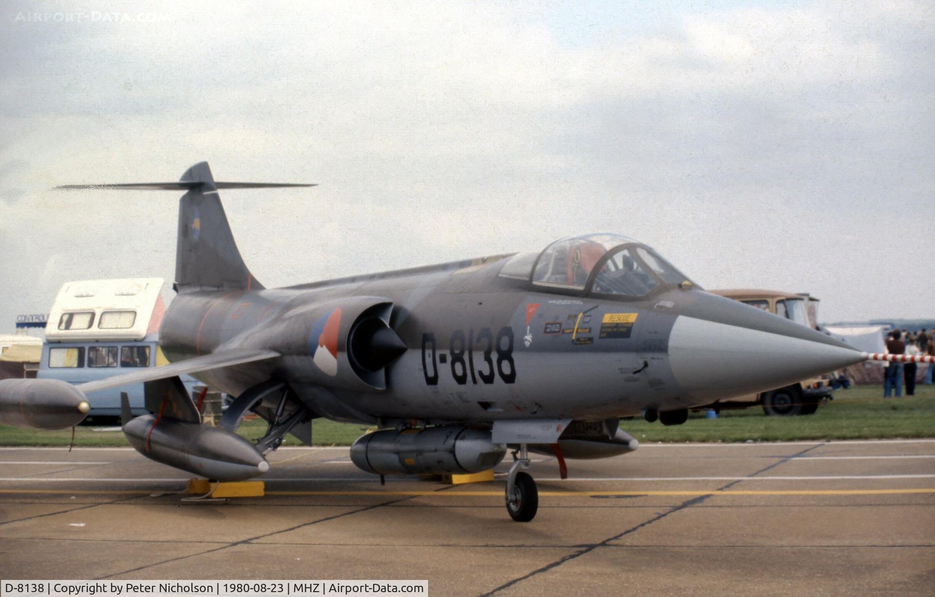 D-8138, Lockheed RF-104G Starfighter C/N 683-8138, Royal Netherlands Air Force RF-104G Starfighter of 306 Squadron, complete with Orpheus reconnaissance pod, at the 1980 RAF Mildenhall Air Fete.