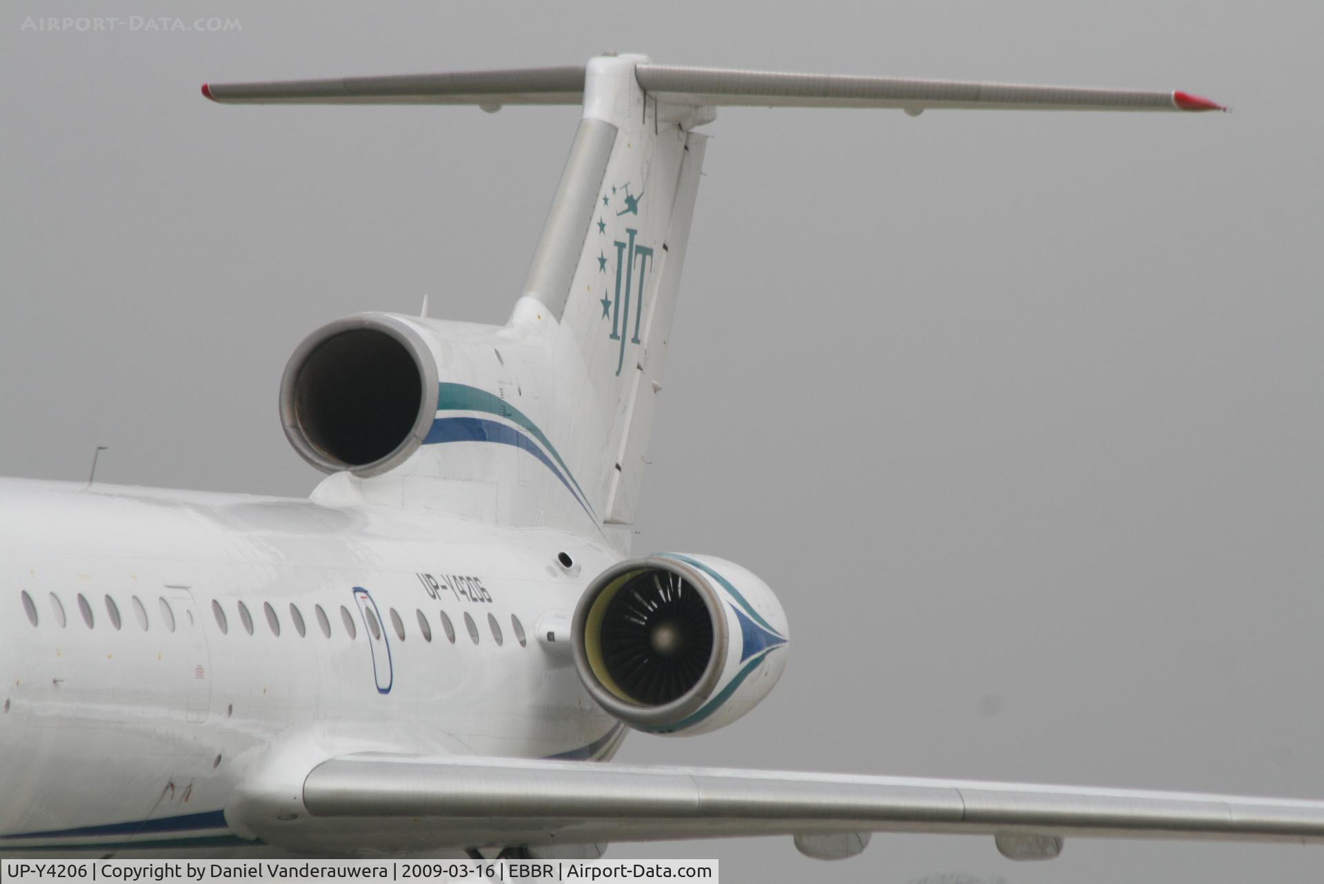 UP-Y4206, 1994 Yakovlev Yak-42D C/N 4520423403018/18-03, parked on General Aviation apron (Abelag) _ foggy day