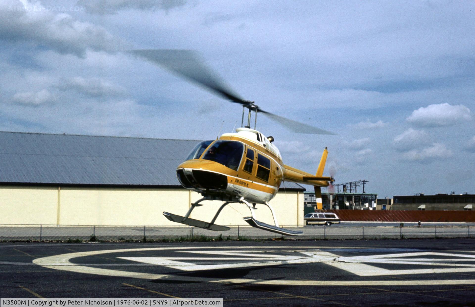 N3500M, Bell 206B JetRanger C/N 473, Bell 206B JetRanger of Island Helicopters landing at Roosevelt Heliport, Long Island in the Summer of 1976.