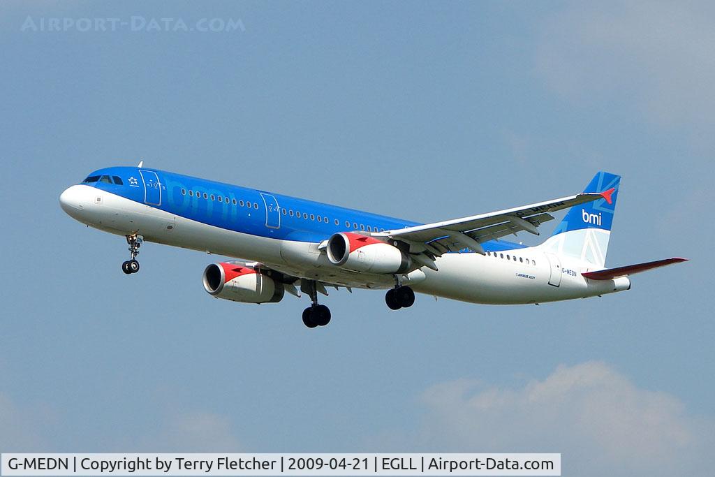 G-MEDN, 2008 Airbus A321-231 C/N 3512, BMI A321 on approach to London Heathrow