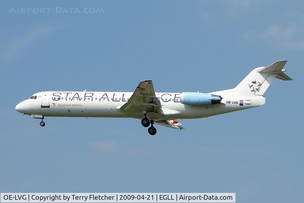 OE-LVG, 1994 Fokker 100 (F-28-0100) C/N 11520, Austrian Fokker 100 on approach to London Heathrow
