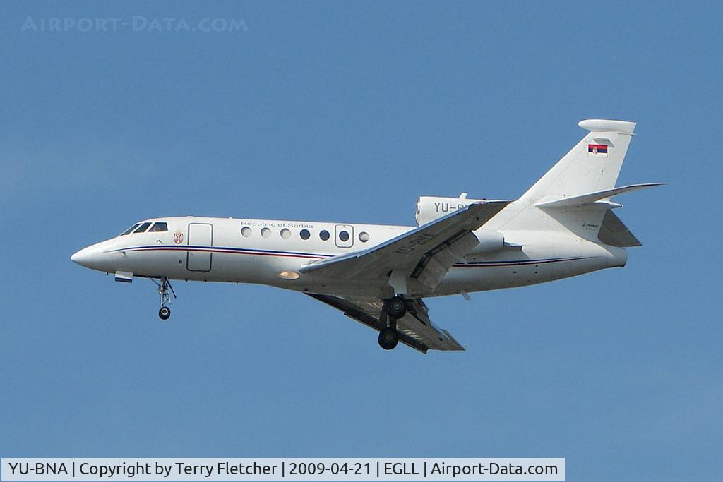 YU-BNA, 1981 Dassault Falcon 50 C/N 43, Serbian Goverment Falcon 50 on approach to London Heathrow
