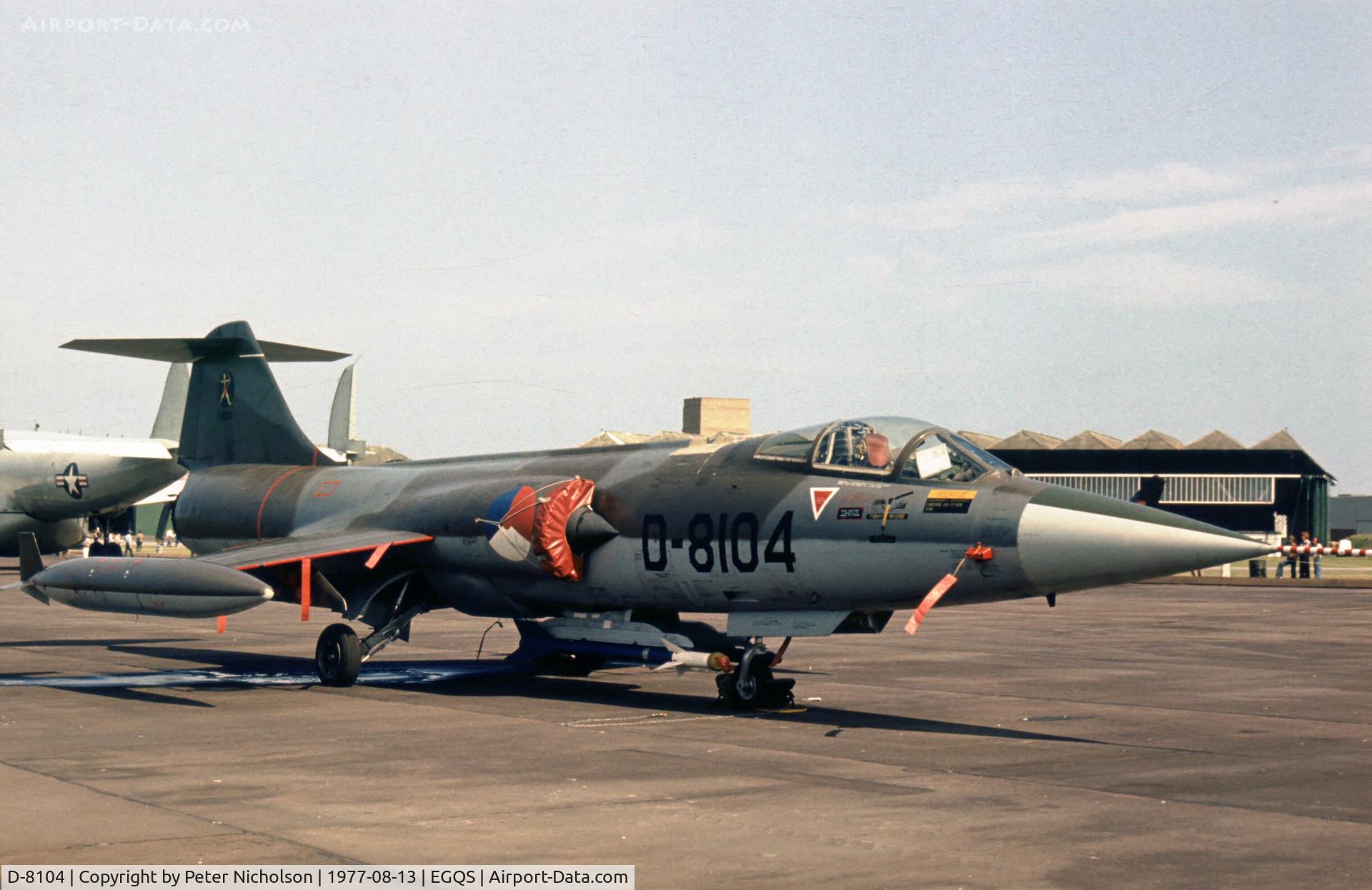 D-8104, Lockheed F-104G Starfighter C/N 683-8104, F-104G Starfighter of the Royal Netherlands Air Force at the 1977 RAF Lossiemouth Open Day.