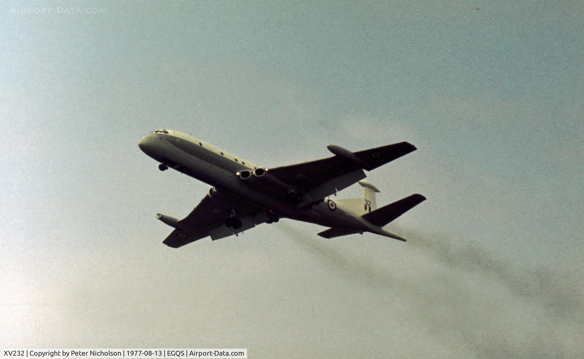 XV232, Hawker Siddeley Nimrod MR.2 C/N 8007, Nimrod MR.1 of 201 Squadron performing at the 1977 RAF Lossiemouth Open Day.