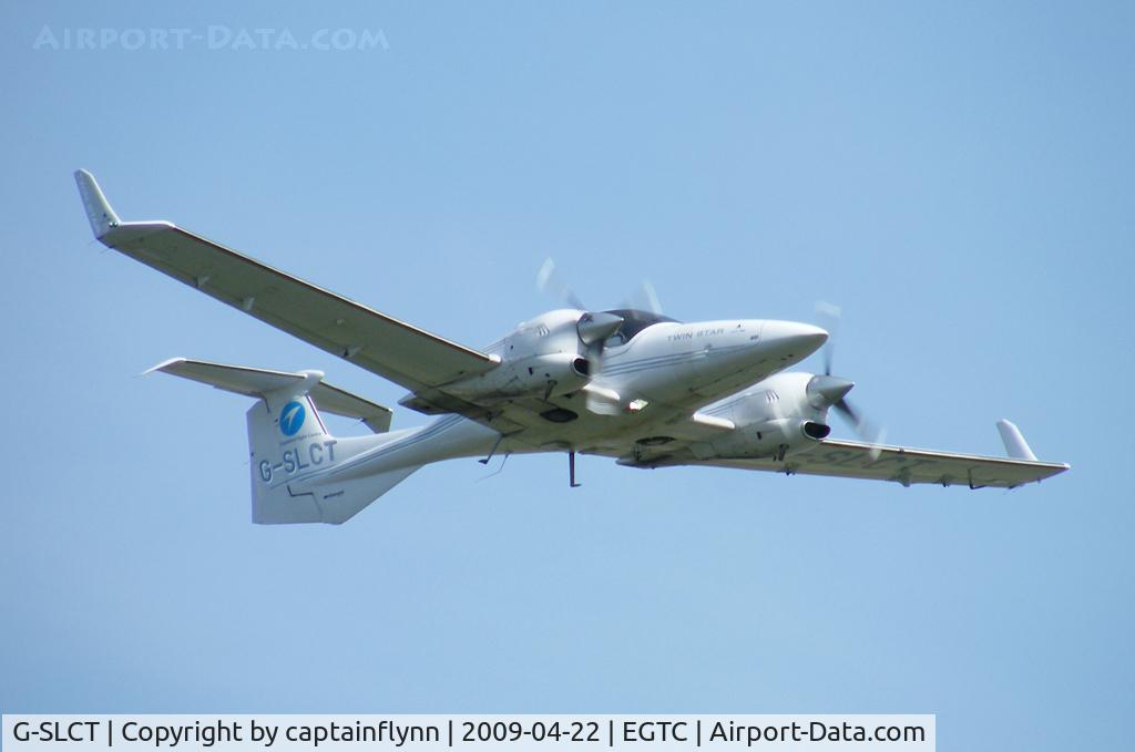 G-SLCT, 2005 Diamond DA-42 Twin Star C/N 42.031, Departing Cranfield. Belongs to Stapleford Flight Centre.