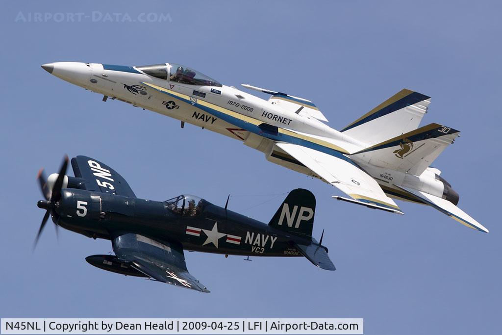 N45NL, 1951 Vought F4U-5NL Corsair C/N 124692, US Navy Tailhook formation flight with Chance Vought F4U-5NL Corsair N45NL and active US Navy McDonnell Douglas F/A-18C 164630 from VFA-106 Gladiators based at NAS Oceana.