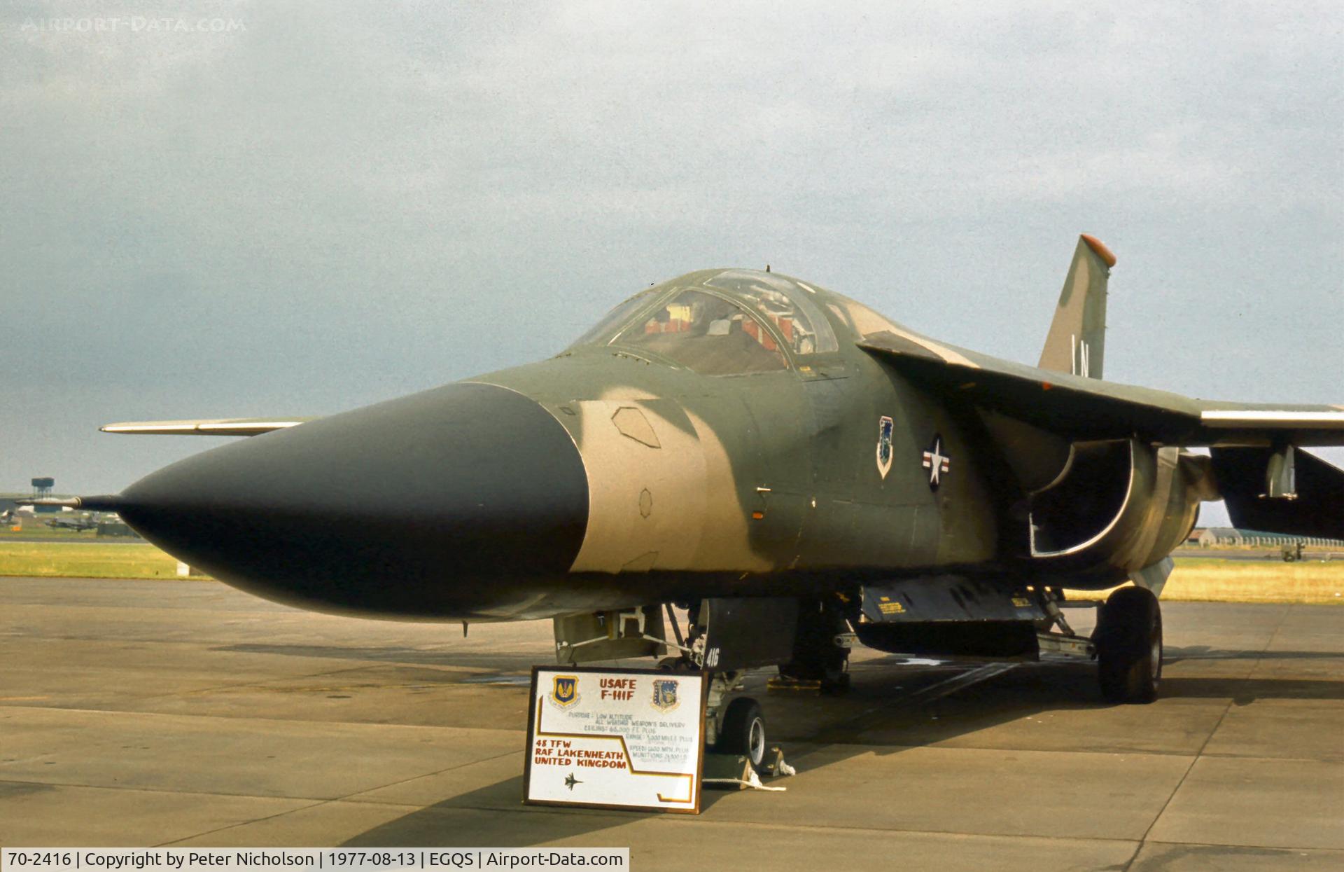 70-2416, 1970 General Dynamics F-111F Aardvark C/N E2-55, F-111F of 494 Tactical Fighter Squadron of the 48th Tactical Fighter Wing at the 1977 RAF Lossiemouth Open Day.