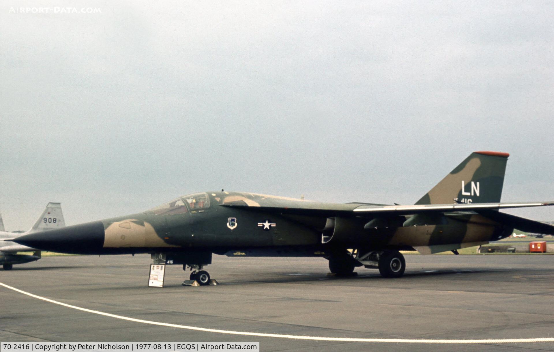 70-2416, 1970 General Dynamics F-111F Aardvark C/N E2-55, F-111F of 494 TFS/48 TFW at the 1977 RAF Lossiemouth Open Day.