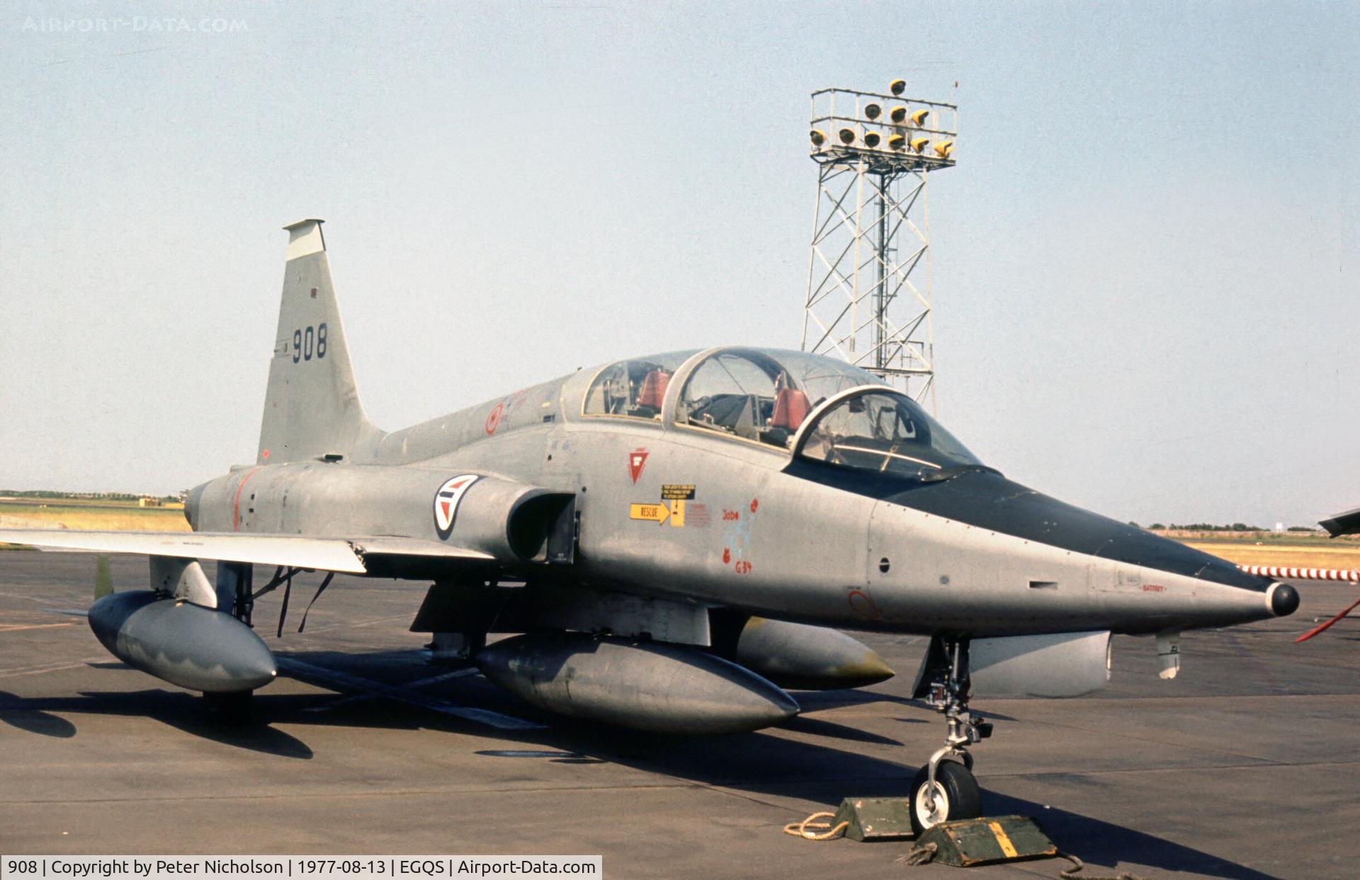 908, 1967 Northrop F-5B Freedom Fighter C/N N.9011, F-5B Freedom Fighter 908 of 718 Skv Royal Norwegian Air Force at the 1977 RAF Lossiemeouth Open Day.