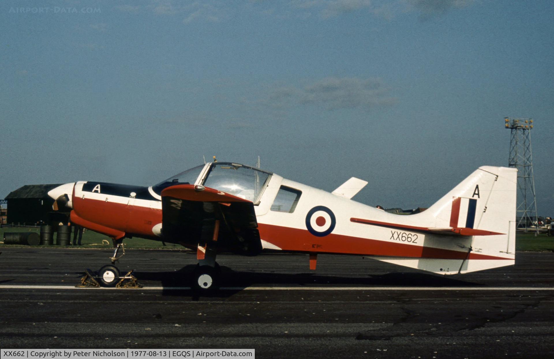 XX662, 1974 Scottish Aviation Bulldog T.1 C/N BH.120/320, Bulldog T.1 of Aberdeen University Air Squadron at the 1977 RAF Lossiemouth Open Day.