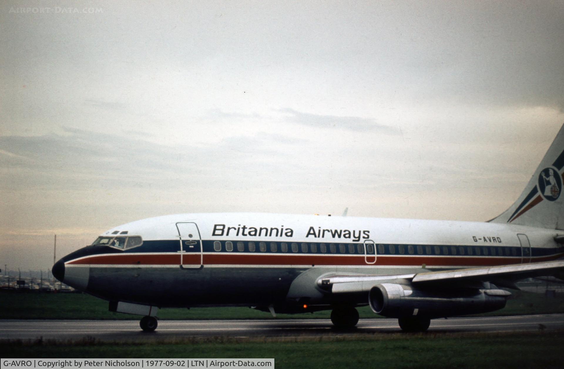 G-AVRO, 1969 Boeing 737-204 C/N 19712, Boeing 737-204 of Britannia Airways departing Luton in September 1977.