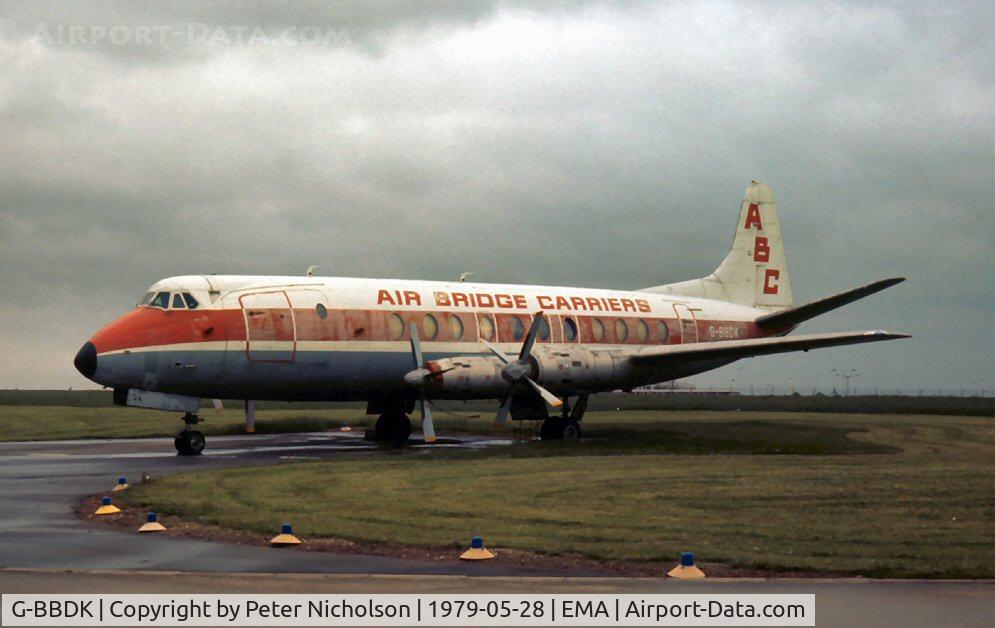 G-BBDK, 1958 Vickers Viscount 808 C/N 291, Viscount 808C of Air Bridge Carriers based at East Midlands Airport in May 1979.