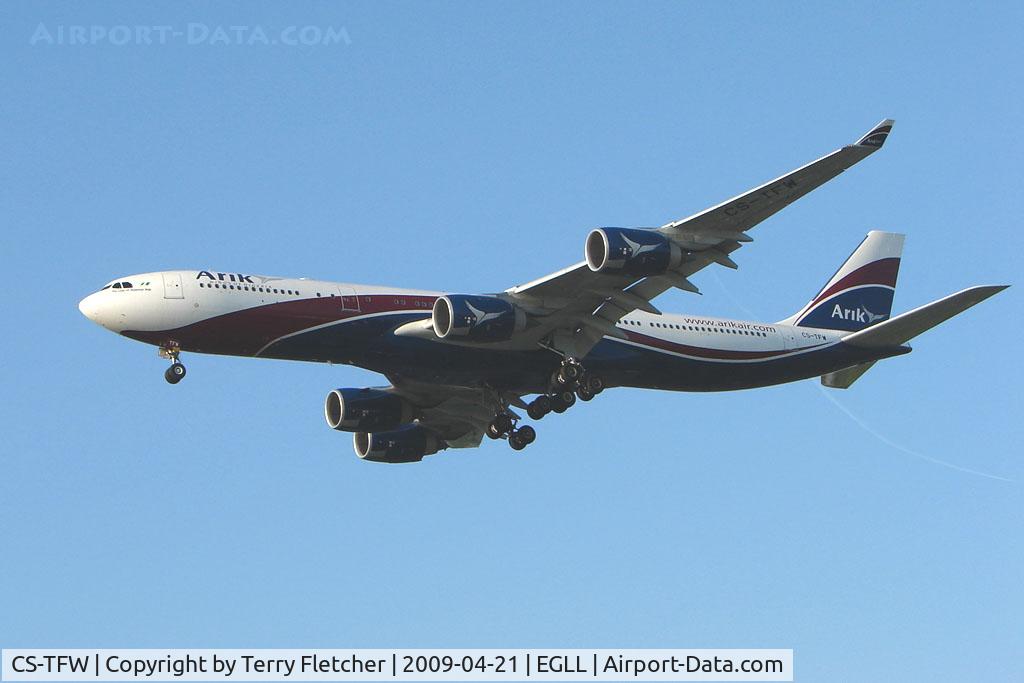 CS-TFW, 2008 Airbus A340-542 C/N 910, Arik Air's A340 on approach to London Heathrow